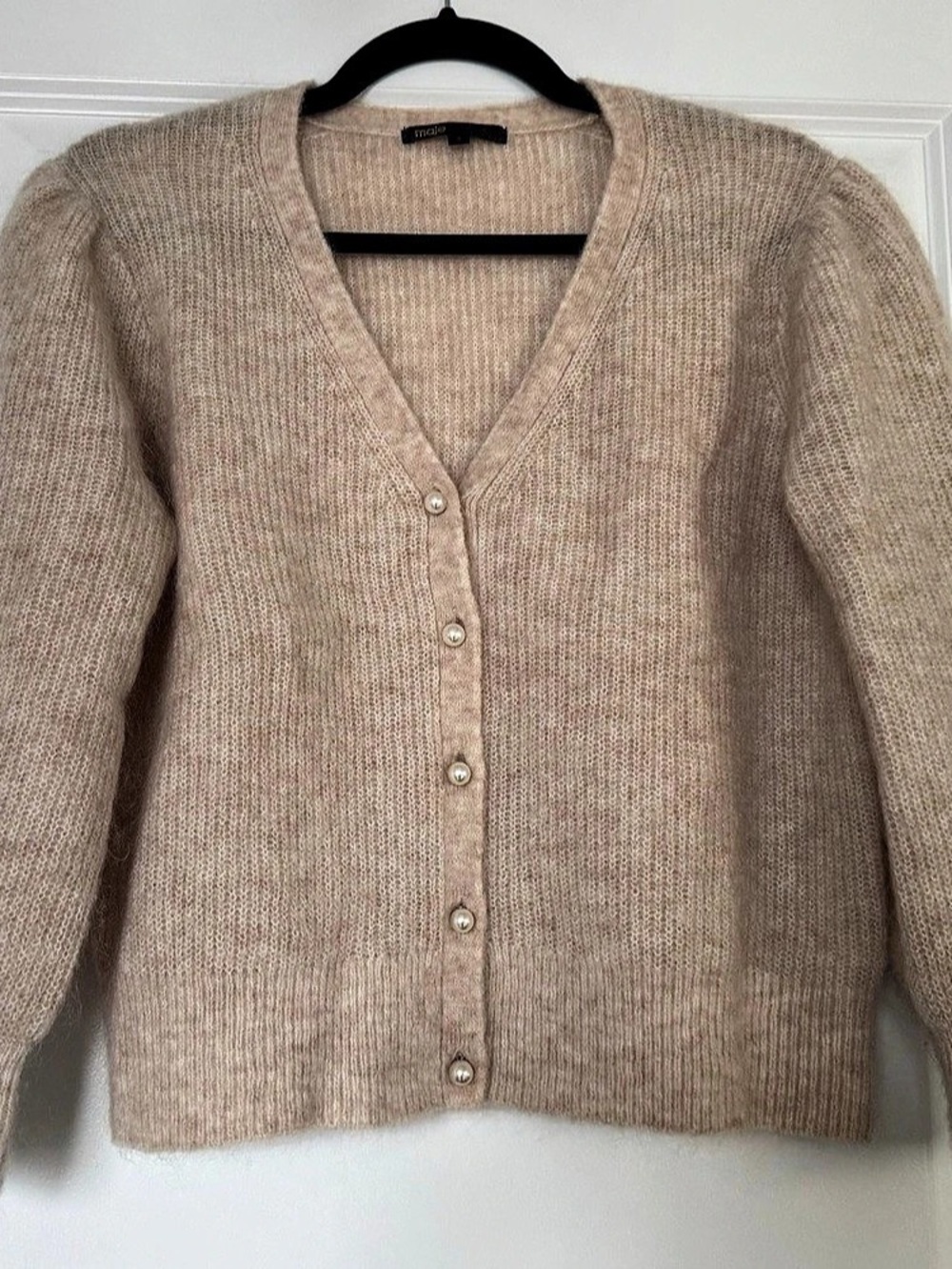 Maje Mohair Cardigan with Pearl Buttons Beige Small